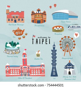 Taiwan travel symbols collection, hand drawn style famous attractions and delicious snacks in Taipei