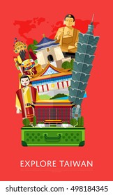 Taiwan Travel. Touristic attraction landmarks in Taiwan viewing from luggage bag. Adventure in Asia. Oriental cultural tour. Travel poster vector design illustration. Explore new part of world
