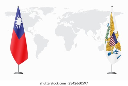 Taiwan and United States Islands flags for official meeting against background of world map.