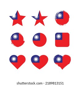 Taiwan vector circle and heart flag set. Republic of china dry brush and grunge effect stamp flags.