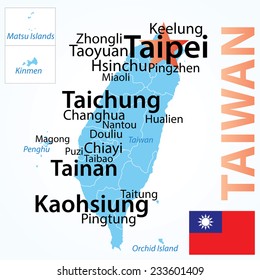 Taiwan - vector map with largest cities, carefully scaled text by population.