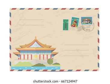 Taiwan vintage postal envelope with postage stamps and postmarks on white background, isolated vector illustration. Taiwanese ancient temple. Air mail stamp. Postal services. Envelope delivery.