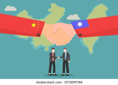 Taiwan vs China in World political war concept. Chinese and Taiwanese delegation handshaking together