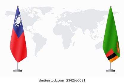 Taiwan and Zambia flags for official meeting against background of world map.