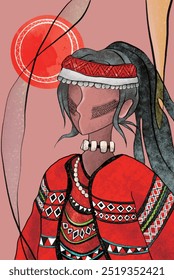 Niña aborigen taiwanesa "Sediq", ilustración de concepto de moda de vestido tradicional, tarjeta o póster y elemento de tejido de tótem para aplicación de decoración