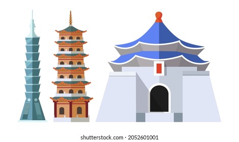 Taiwanese architectural constructions collection isolated on white. Vector colorful illustration in flat design of skyscraper, tall building and huge built place in oriental design