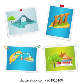 Taiwanese attractions on images attached to wall by paper clips, drawing pins and scotch tape. Vector colorful poster in flat design of Asian exotic bridges, columns set, traditional house with tree