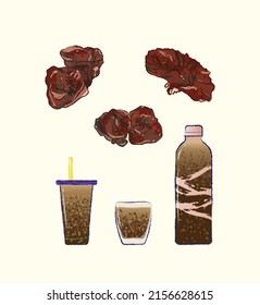 Taiwanese black fungus drink beverage in different containers in vector flat illustration design