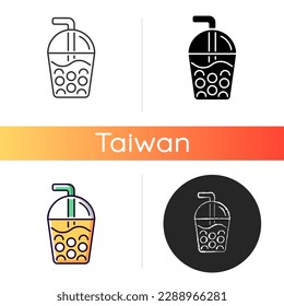 Taiwanese bubble tea icon. Black tea with milk, ice and chewy tapioca pearls. Boba drink. Common dessert creamy topping. Linear black and RGB color styles. Isolated vector illustrations