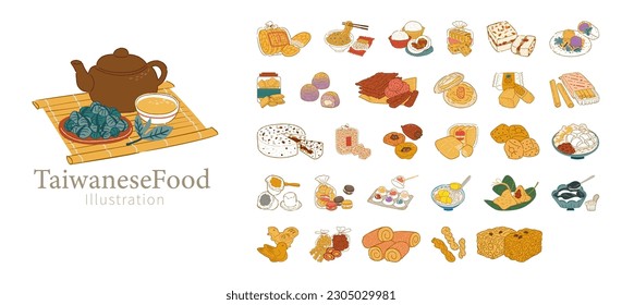 Taiwanese classic food element set. Hand drawn style delicious food, sweet desserts, old school snacks and tea set isolated on white background.