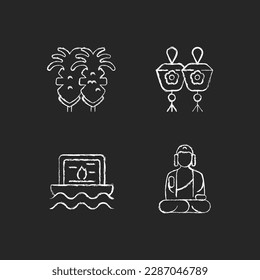 Taiwanese culture chalk white icons set on dark background. Fried squid. Taiwan mini sky and water lanterns. Shan Buddha Museum. Religious ceremony. Isolated vector chalkboard illustrations on black

