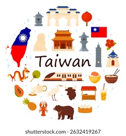 Taiwanese culture elements and famous city landmark of Taiwan, nature and night street market food in round infographic banner with title. Confucius Temple, High Speed Rail cartoon vector illustration