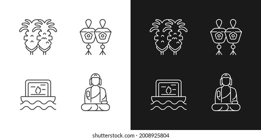 Taiwanese culture linear icons set for dark and light mode. Fried squid. Shan Buddha Museum. Religious ceremony. Customizable thin line symbols. Isolated vector outline illustrations. Editable stroke