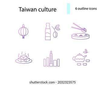 Taiwanese customs outline icons set. Asian attractions. Plum wine. Tofe cheese and tea pot. Oriental specialty. Purple gradient symbol. Isolated vector stock illustration