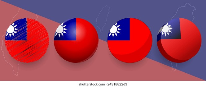 Taiwanese flag icon different style set, Taiwan island Round button pin set badge.