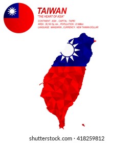 Taiwanese flag overlay on Taiwanese map with polygonal style.(EPS10 art vector)