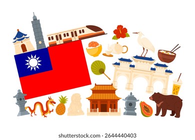 Taiwanese flag surrounded by famous landmarks, traditional food, wildlife, and cultural symbols on a white isolated background, perfect for travel, education, and tourism concepts vector illustration