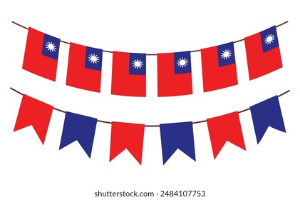 Banderas taiwanesas en las cuerdas. Conjunto de guirnaldas de ardor de Taiwán. Decoración de banderas de Taiwán. Aislado sobre fondo blanco. Ilustración vectorial.