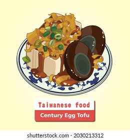 Taiwanese food,century egg with silk tofu. vector illustration.