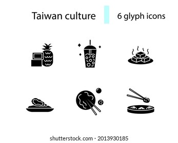 Taiwanese national food outline icons set. Taiwanese bubble milk tea. Oriental specialty. Tofu cheese. Oyster omlette and noodles. Black filled symbol. Isolated vector stock illustration