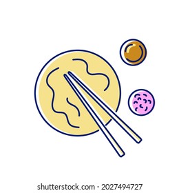 Taiwanese Niu Rou Mian flat icon. Taiwan. Chinese beef noodles with food sticks and sauce. Asian item. Color filled symbol. Isolated vector stock illustration