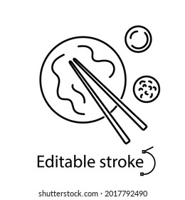 Taiwanese Niu Rou Mian outline icon. Taiwan. Chinese beef noodles with food sticks and sauce. Asian item. Customizable linear contour symbol. Editable stroke. Isolated vector stock illustration