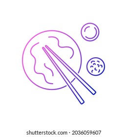 Taiwanese Niu Rou Mian outline icon. Taiwan. Chinese beef noodles with food sticks and sauce. Asian item. Purple gradient symbol. Isolated vector stock illustration