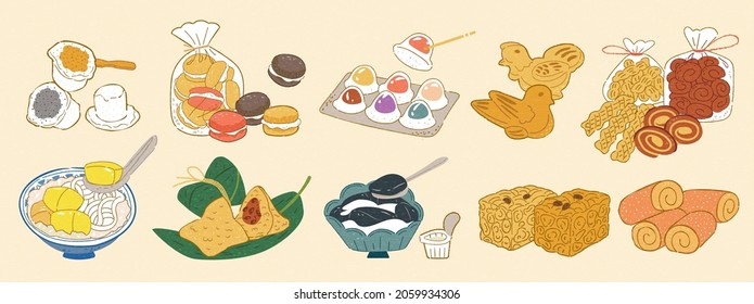 Taiwanese old school dessert illustrations in warm doodle style