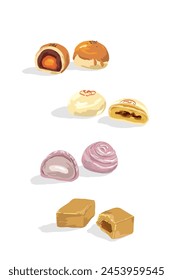 Taiwanese Pastries, taro crispy, pineapple cake, mung bean pastry, yolk pastry, vector illustration.