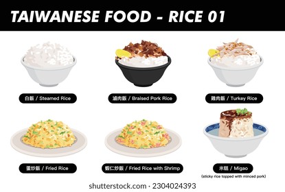 Taiwanese rice food illustration vector
collection including luroufan (topped with
braised pork), turkey rice, fried rice
with shrimp and migao (sticky rice
topped with minced pork).