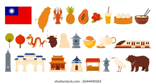 Taiwanese set with flag, map, famous foods, landmarks, animals and cultural symbols isolated perfect for travel guides, educational materials, and tourism promotion vector illustration