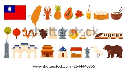 Taiwanese set with flag, map, famous foods, landmarks, animals and cultural symbols isolated perfect for travel guides, educational materials, and tourism promotion vector illustration