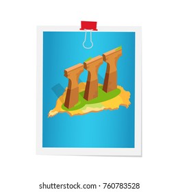Taiwanese stone construction of three brown columns situated on island washed by sea vector flat illustration. Colorful picture with landmark in Taiwan attached by red binder isolated on white