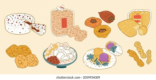 Taiwanese street dessert doodle illustrations, including sweet rice cake, rice cookies, dried persimmon, apple bread, fried horse hooves, shaved ice, spring roll ice cream and twist rolls