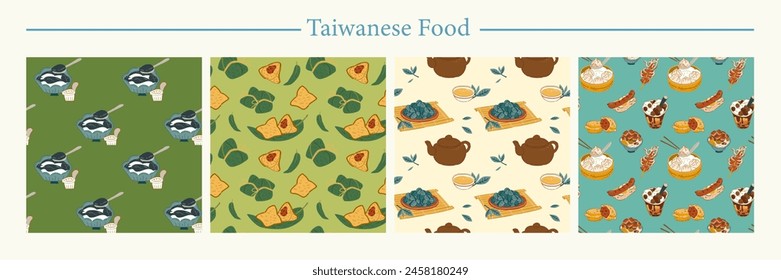 Taiwanese street food, holiday cuisine and tea set pattern wallpapers isolated on white background.