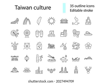 Taiwanese style culture outline icons set. Asian attractions. Oriental specialty of Taiwan. Customizable linear contour symbols collection. Editable stroke. Isolated vector stock illustration