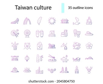 Taiwanese style culture outline icons set. Asian attractions. Purple gradient symbol. Isolated vector stock illustration