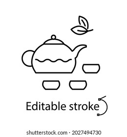 Taiwanese tea ceremony outline icon. Teapot with cups. Chinese cuisine. Oriental custom. Asian item. Customizable linear contour symbol. Editable stroke. Isolated vector stock illustration