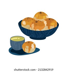 Taiwanese traditional dessert, egg yolk cookie Shortbread and green tea ,vector cartoon illustration on White background.Traditional Asian dessert.Food illustration