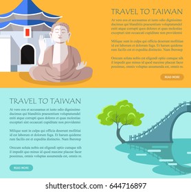 Taiwanese traditional sightseeing elements poster. Vector colorful banner in flat design with Buddha statue and bridge of Asian country and written text information on orange and blue backgrounds