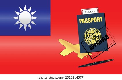 Taiwanese Travel Documentation Concept with blue Passport and Taiwan Flag. Approved Stamp. Airplane and Travel Tickets. Ideal for Immigration Tourism and Traveling Themes. Vector EPS available