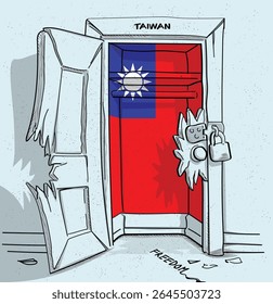 O caminho de Taiwan para a liberdade. Ilustração política de uma porta quebrada, mas trancada, com a bandeira nacional. Uma metáfora para luta e esperança.