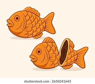 Taiyaki or Bungeobang fish cake illustration, Japanese and Korean dessert, pancake filled with red bean, cartoon style. Vector illustration.