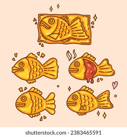 Taiyaki, Bungeoppang, Fish Shaped Pastry, Food drawing, vector illustration.