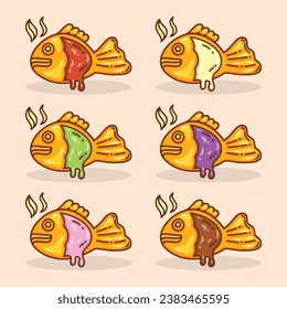 Taiyaki, Bungeoppang, Fish Shaped Pastry, Food drawing, vector illustration.