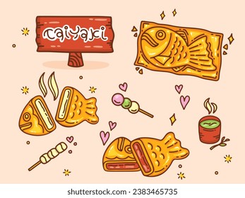 Taiyaki, Bungeoppang, Fish Shaped Pastry, Food drawing, vector illustration.