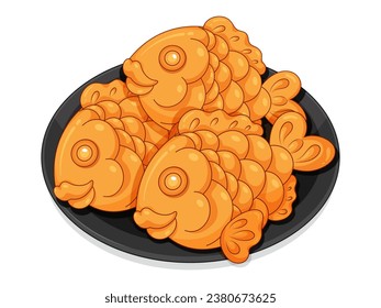 Taiyaki dessert. Japanese street food illustration vector. Taiyaki japanese fish cake. Japanese dessert taiyaki. Korean fish shaped cake.  Fish shaped pastry korean (Bungeo-ppang) korean street food.