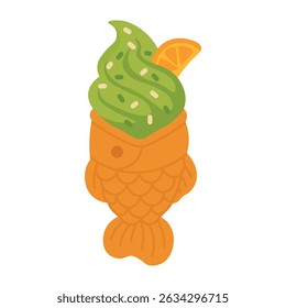 Taiyaki fish cone with green matcha ice cream, sprinkles and orange slice, cartoon vector.