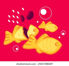 Taiyaki fish cookie - modern colored vector illustration with Japanese or Korean carp-shaped sweetness from dough with chocolate filling. Dessert - baked sea bream. National dish and food idea