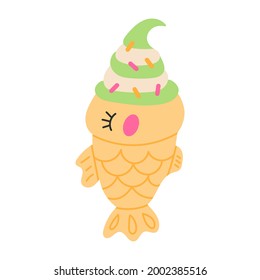 Taiyaki fish ice cream on white background. Kawaii cartoon style. Flat vector illustration.